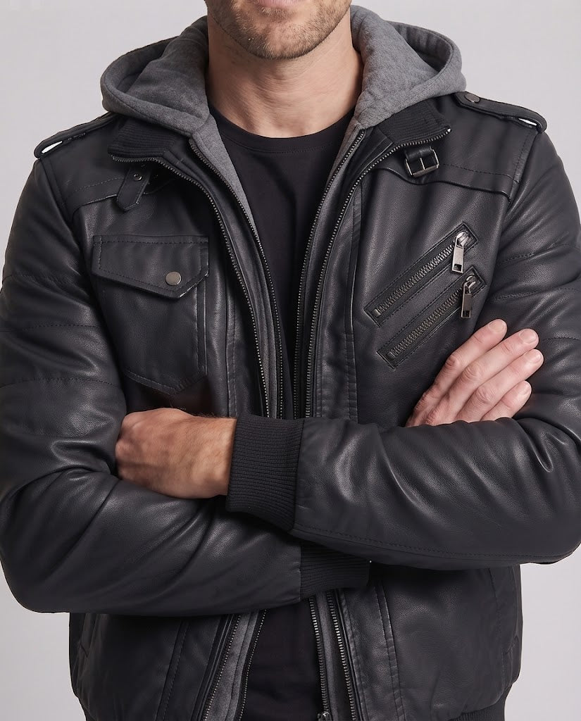 Men's Stylish Faux Leather Jacket with Integrated Hood Fashion Glam