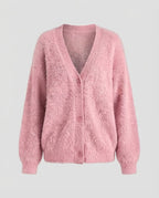 Women Fuzzy Oversized Cardigan with V-Neck and Wooden Buttons Fashion Glam