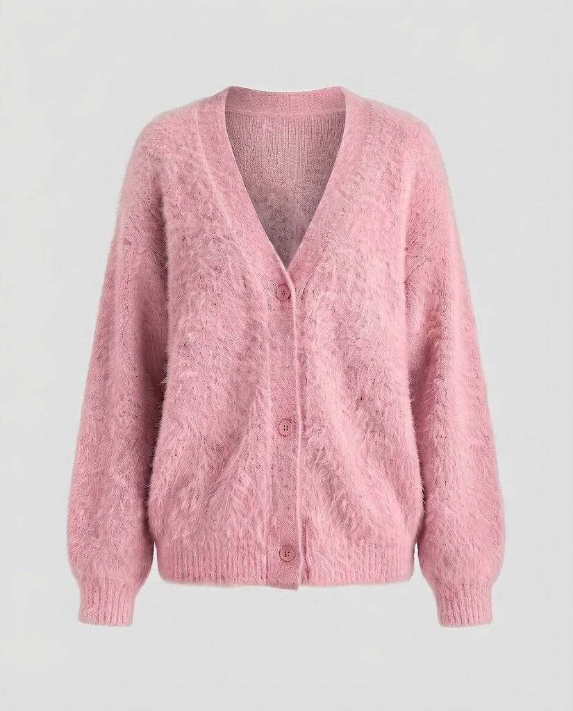 Women Fuzzy Oversized Cardigan with V-Neck and Wooden Buttons Fashion Glam