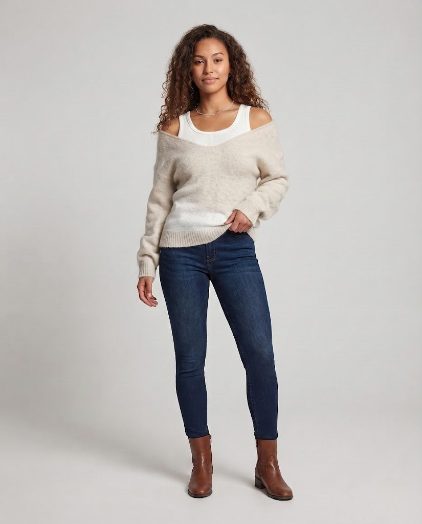 Women's Oversize Knit Sweater with One-Shoulder Layering and Fluffy Mohair Look Fashion Glam