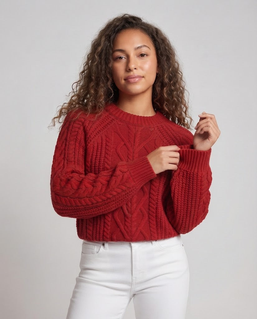 Women's Boxy Sweater with Cable Structure, Openwork Insert and Soft Pile Fashion Glam