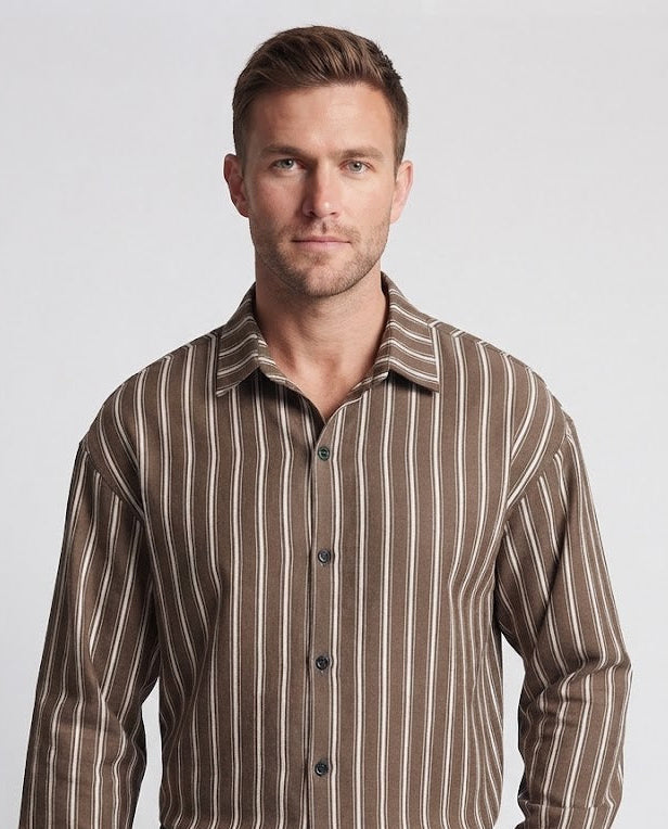 Men Striped Long Sleeve Shirt in Boxy Relaxed Fit with Kent Collar Fashion Glam