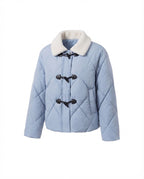 Women's short quilted puffer jacket with teddy collar, toggle and two-way zipper