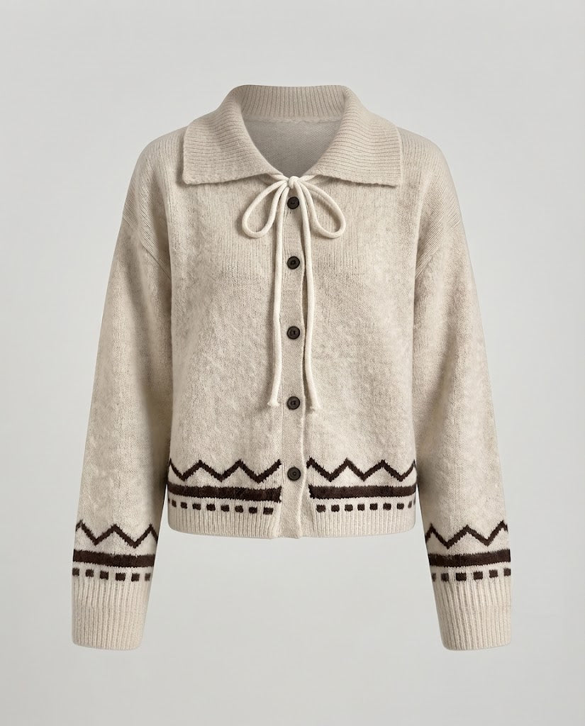 Women's Short-cut Cardigan with Lapel Collar, Buttoned Front and Norwegian Intarsia Fashion Glam
