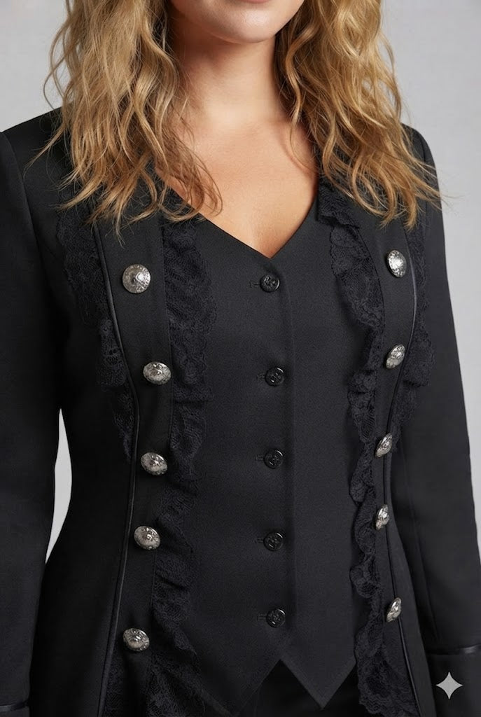 Women's elegant tailcoat with lace accents and decorative button placket Fashion Glam