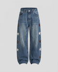 Women Low-Rise Palazzo Denim Jeans with Extra Wide Leg and Star Appliqués Fashion Glam