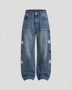 Women Low-Rise Palazzo Denim Jeans with Extra Wide Leg and Star Appliqués Fashion Glam