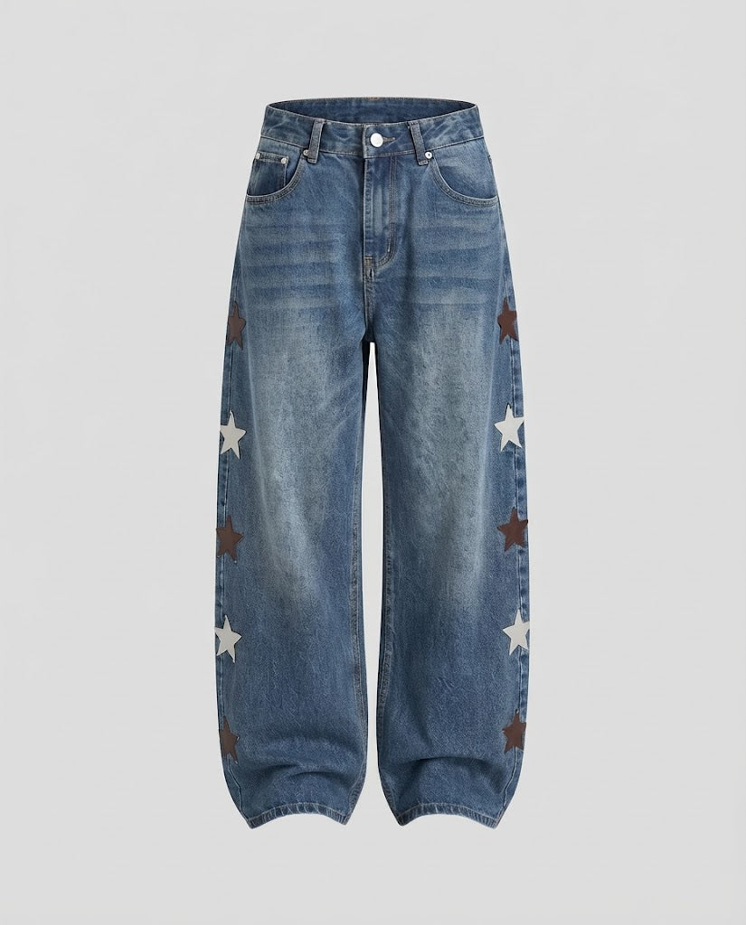 Women Low-Rise Palazzo Denim Jeans with Extra Wide Leg and Star Appliqués Fashion Glam