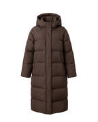 Women's longer padded quilted coat with two-way zipper, adjustable hem, and windproof outer shell