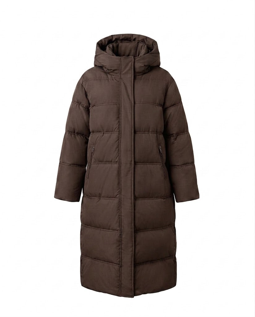 Women's longer padded quilted coat with two-way zipper, adjustable hem, and windproof outer shell