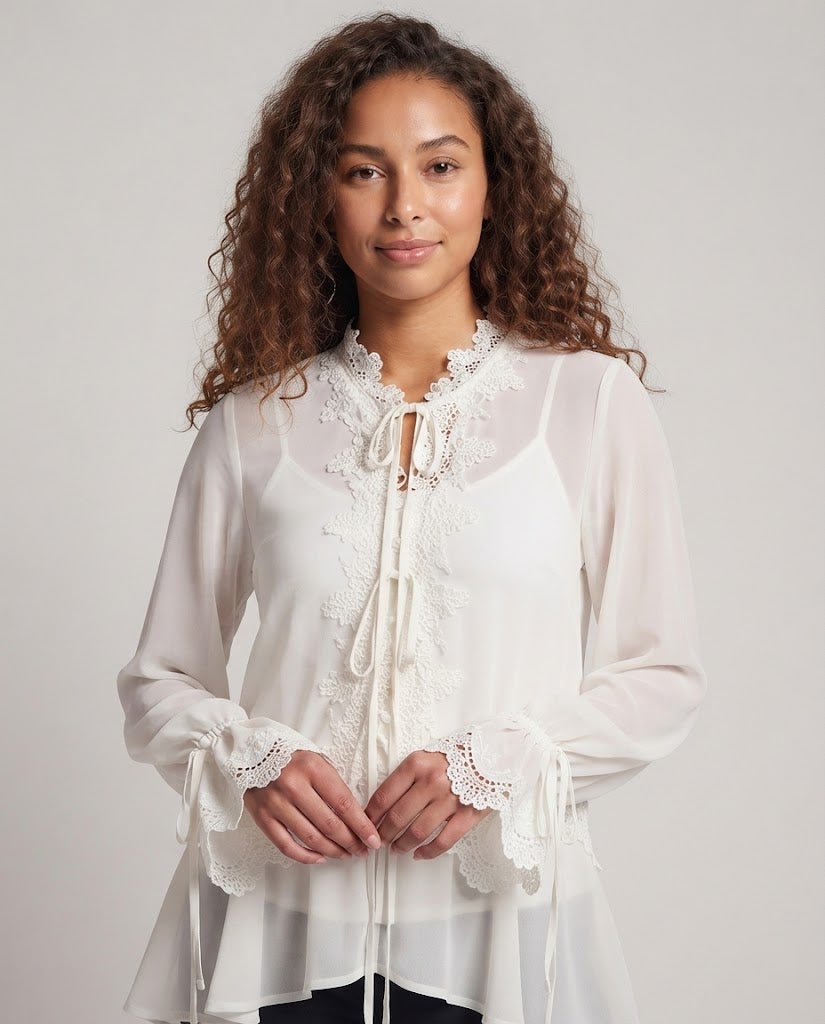 Women's Flowing Lace Tunic with V-Neck, Cord Closure and Bell Sleeves Fashion Glam