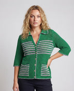Women's crochet cardigan with boxy cut, contrast stripes and patch pockets Fashion Glam