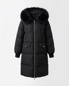Women's longer padded hooded coat with removable fur trim and two-way zip