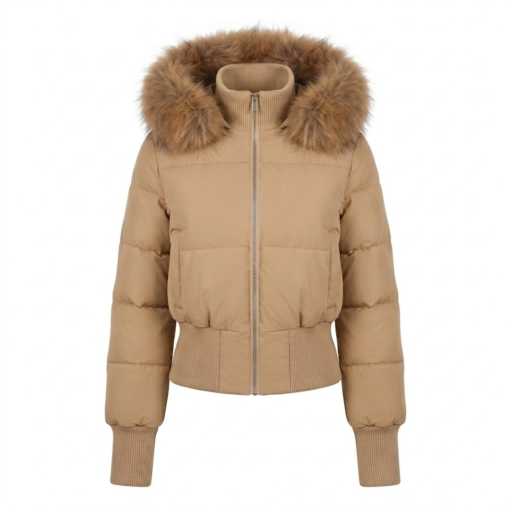 Ladies nano short padded hooded puffer with voluminous faux fur trim, ribbed cuffs, and warming thermal filling
