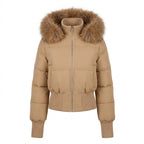 Ladies nano short padded hooded puffer with voluminous faux fur trim, ribbed cuffs, and warming thermal filling