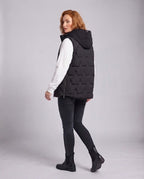 Women's long quilted hooded vest with zigzag stitching, high stand-up collar and side zip pockets
