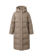 Women's longer padded quilted coat with two-way zipper, adjustable hem, and windproof outer shell