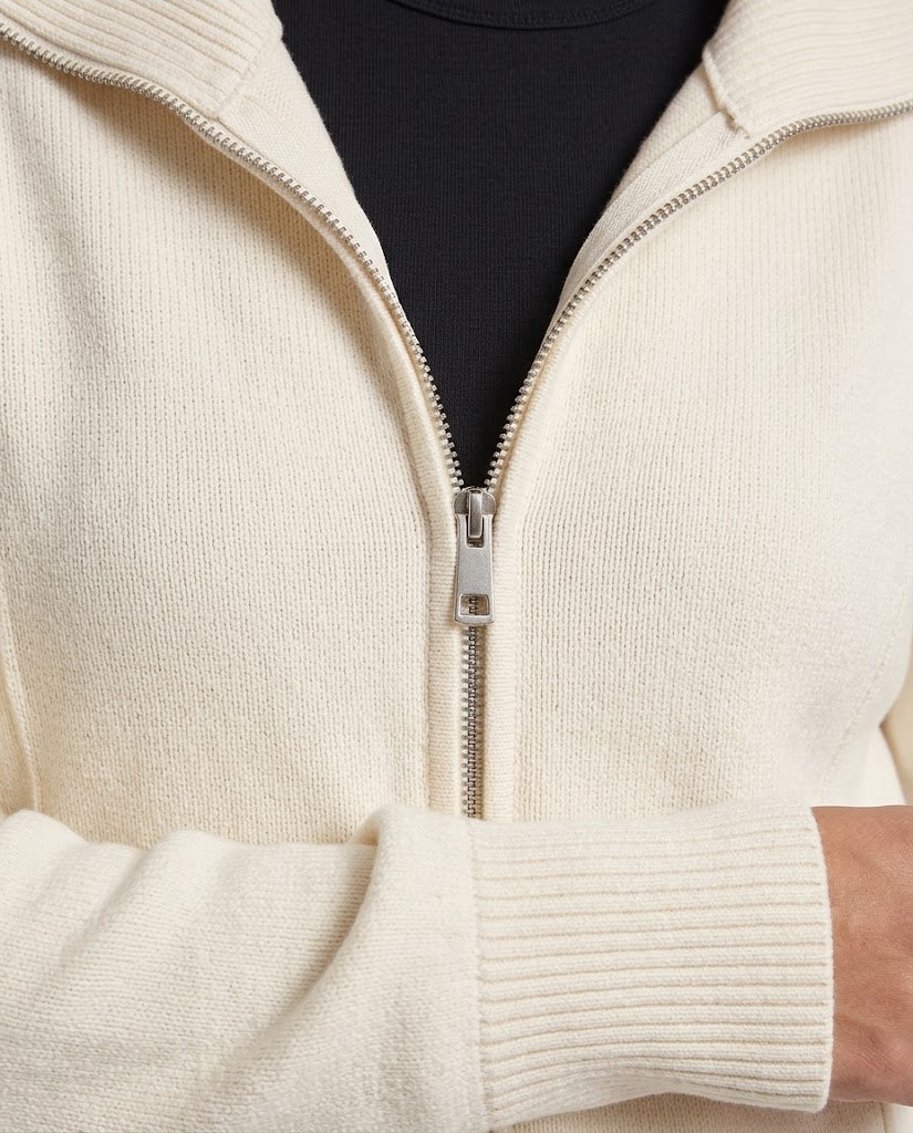 Women's Ribbed Zip Cardigan with Wide Notched Collar Fashion Glam