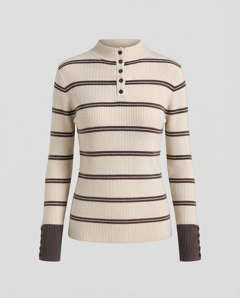 Women Striped Ribbed Sweater with High Collar, Button Placket and Contrast Cuffs Fashion Glam
