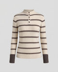 Women Striped Ribbed Sweater with High Collar, Button Placket and Contrast Cuffs Fashion Glam