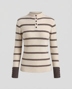 Women Striped Ribbed Sweater with High Collar, Button Placket and Contrast Cuffs Fashion Glam