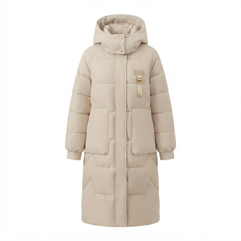 Women Long Thermal Quilted Coat with Oversized Hood and Wind Shield Flap