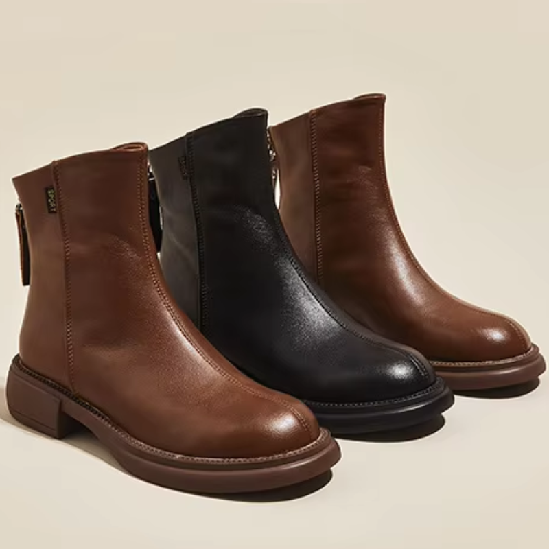 Women's Leather Ankle Boots with Back Zipper and Low Heel
