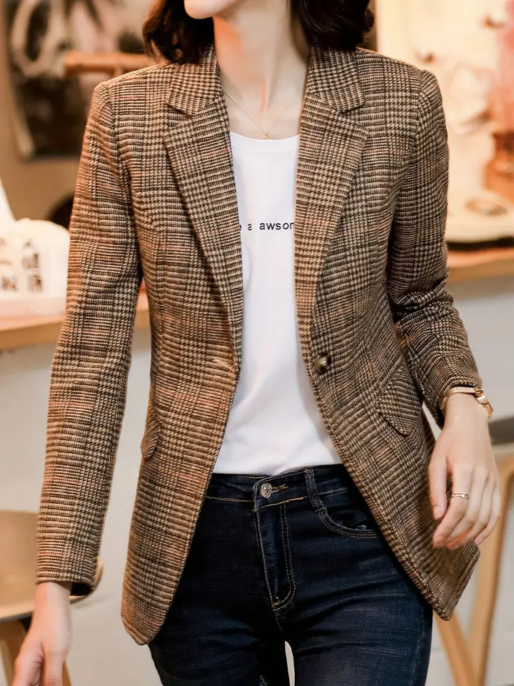 Fashion Glam | Checked Blazer With Lapel And One Button