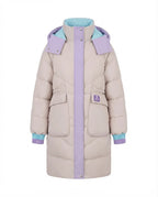 Women's longer padded hooded coat with large flap and patch pocket as well as elastic cuffs