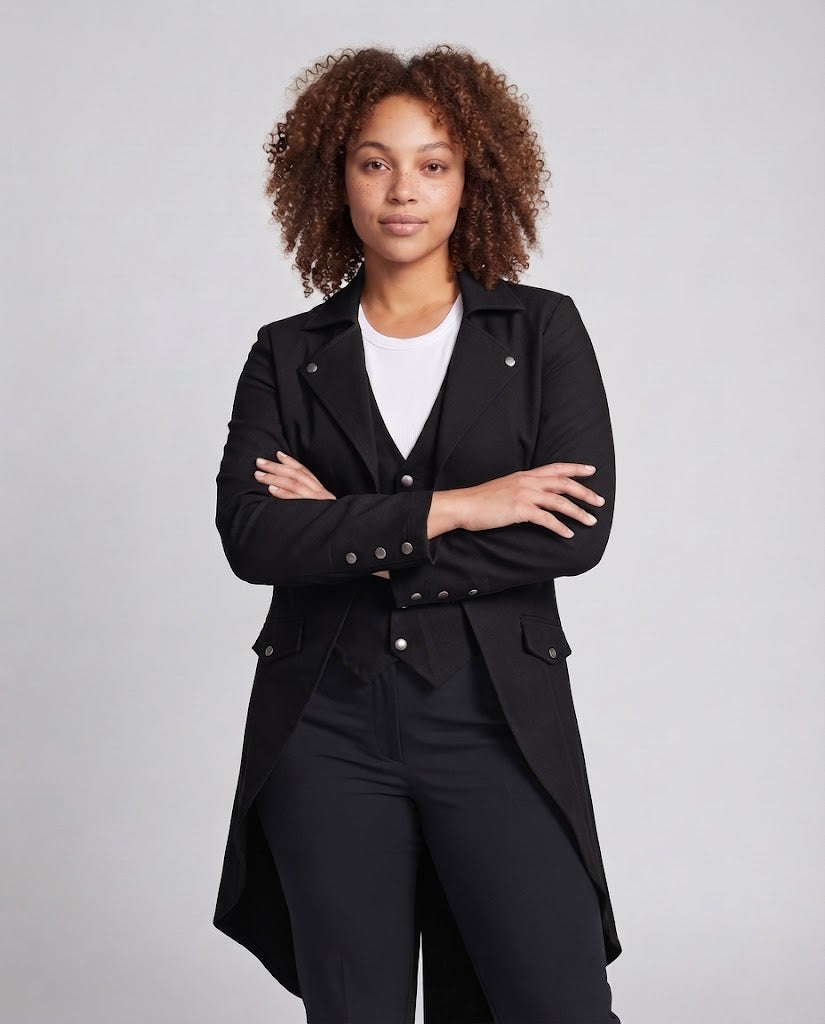 Women Long Coat with Asymmetric Cut and Elaborate Button Details Fashion Glam