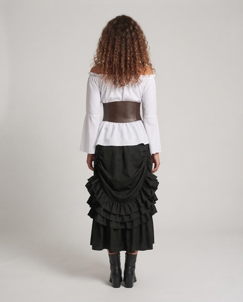 Women's Off-Shoulder Blouse with Ruffled Sleeves and Fitted Corset Fashion Glam