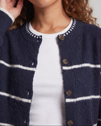 Women's Chunky Knit Button Cardigan with Striped Texture and Round Neckline Fashion Glam