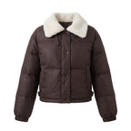 Women's short padded puffer with teddy collar, concealed snap button placket and travel insulation