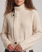 Ladies Short Cut Tailored Ribbed Knit Cardigan with Stand-Up Collar and Belt Fashion Glam