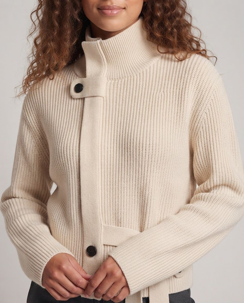 Ladies Short Cut Tailored Ribbed Knit Cardigan with Stand-Up Collar and Belt Fashion Glam
