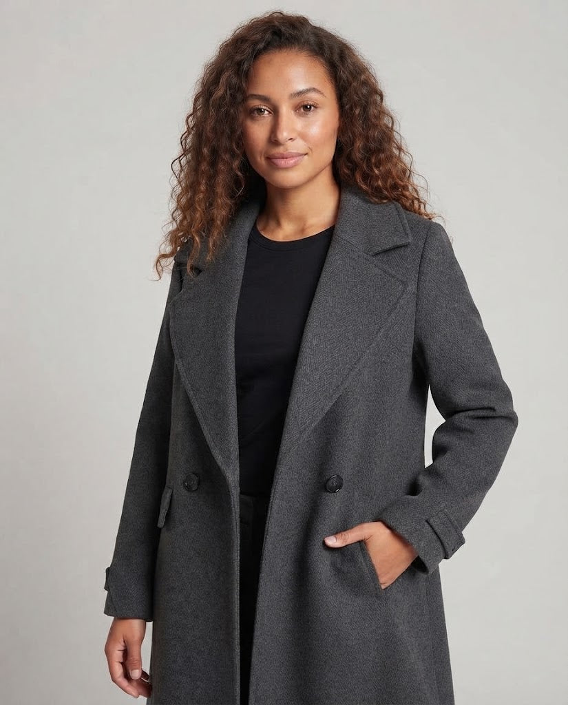 Ladies Elegant Long Coat made of Wool Blend with Extra Wide Shawl Collar and Cuff Detail Fashion Glam