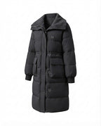 Women's long padded coat with Sherpa shawl collar, waist drawstring, and large flap pockets
