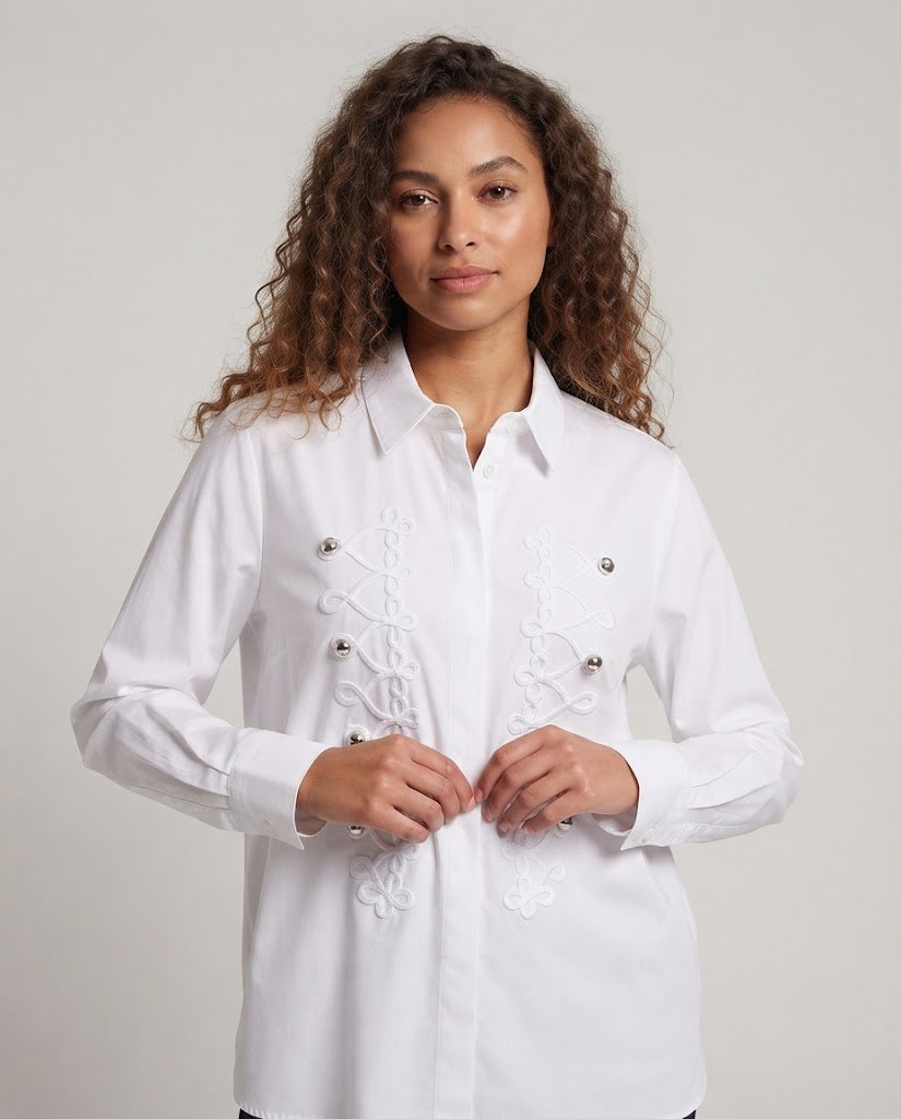Women's blouse with decorative cord applications and concealed button placket Fashion Glam