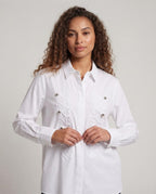 Women's blouse with decorative cord applications and concealed button placket Fashion Glam