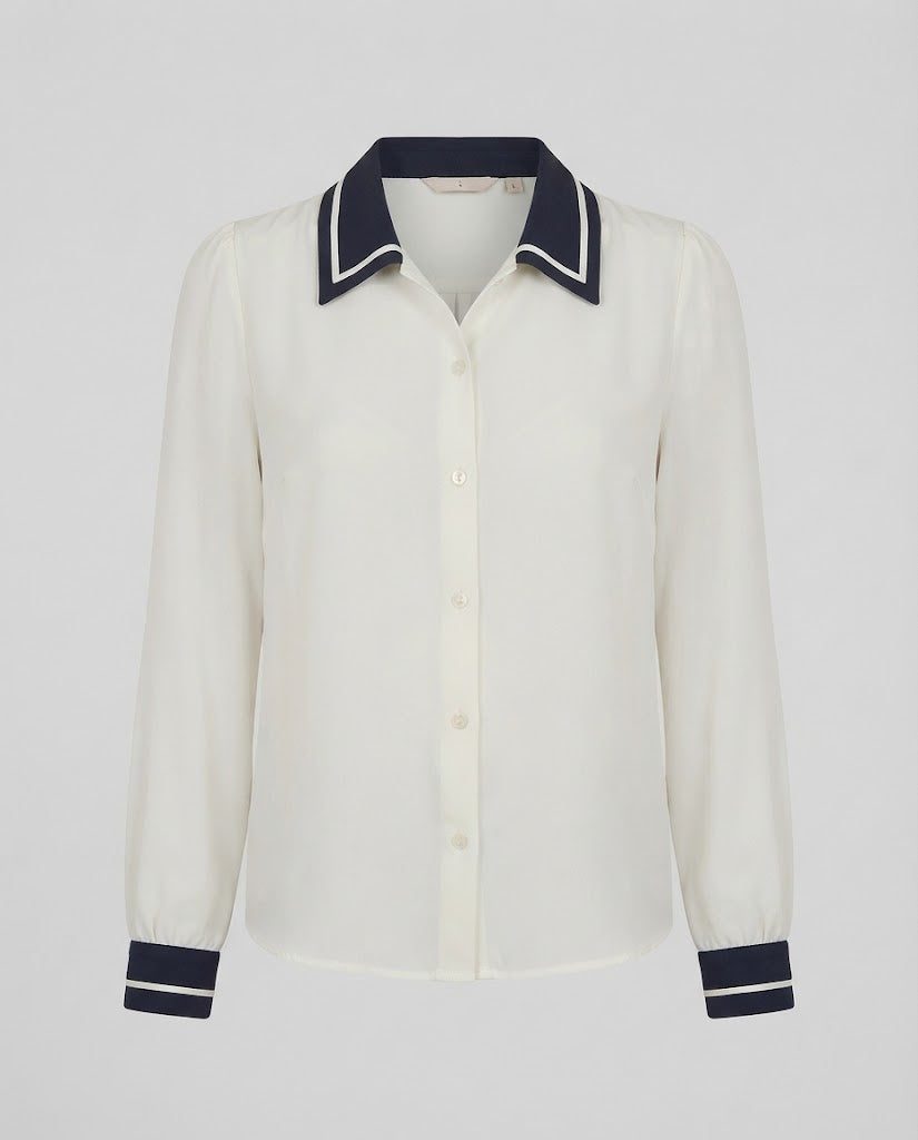 Women Elegant Viscose Blouse with Contrast Collar and Balloon Sleeves Fashion Glam