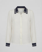 Women Elegant Viscose Blouse with Contrast Collar and Balloon Sleeves Fashion Glam