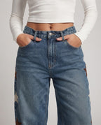 Women Low-Rise Palazzo Denim Jeans with Extra Wide Leg and Star Appliqués Fashion Glam