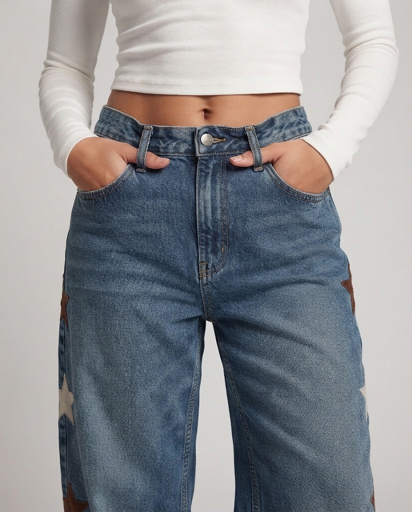 Women Low-Rise Palazzo Denim Jeans with Extra Wide Leg and Star Appliqués Fashion Glam