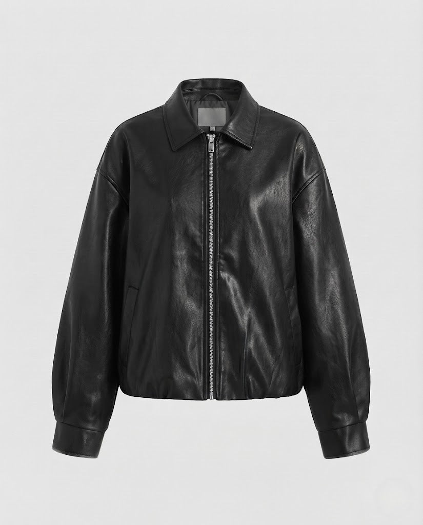 Women Oversize Faux Leather Bomber Jacket with Zip and Balloon Sleeves Fashion Glam