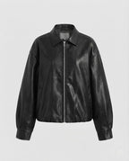 Women Oversize Faux Leather Bomber Jacket with Zip and Balloon Sleeves Fashion Glam