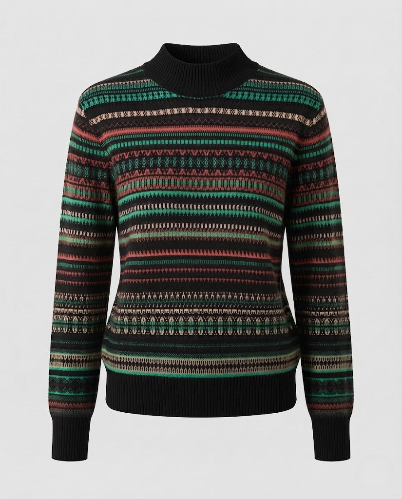 Women's jacquard fine-knit sweater with a short stand-up collar, boxy silhouette, and multistripe design Fashion Glam