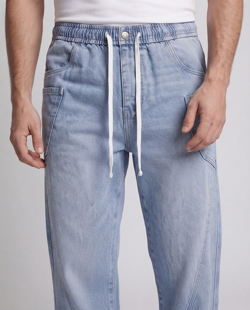 Men's Extra Wide Baggy Denim Pants with Drawstring Waistband and Curved Panels Fashion Glam
