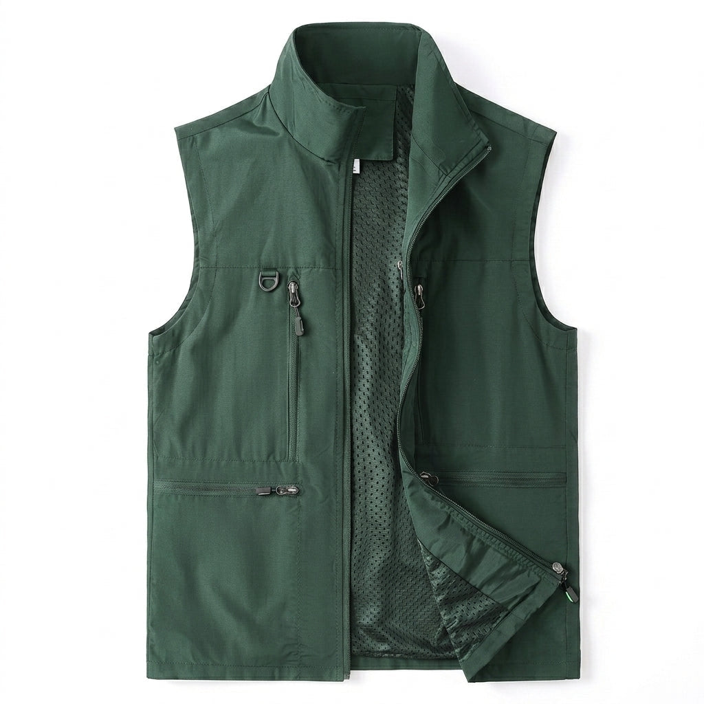 Men's Multifunctional Outdoor Vest with Mesh Lining, High Collar and Zip Pockets