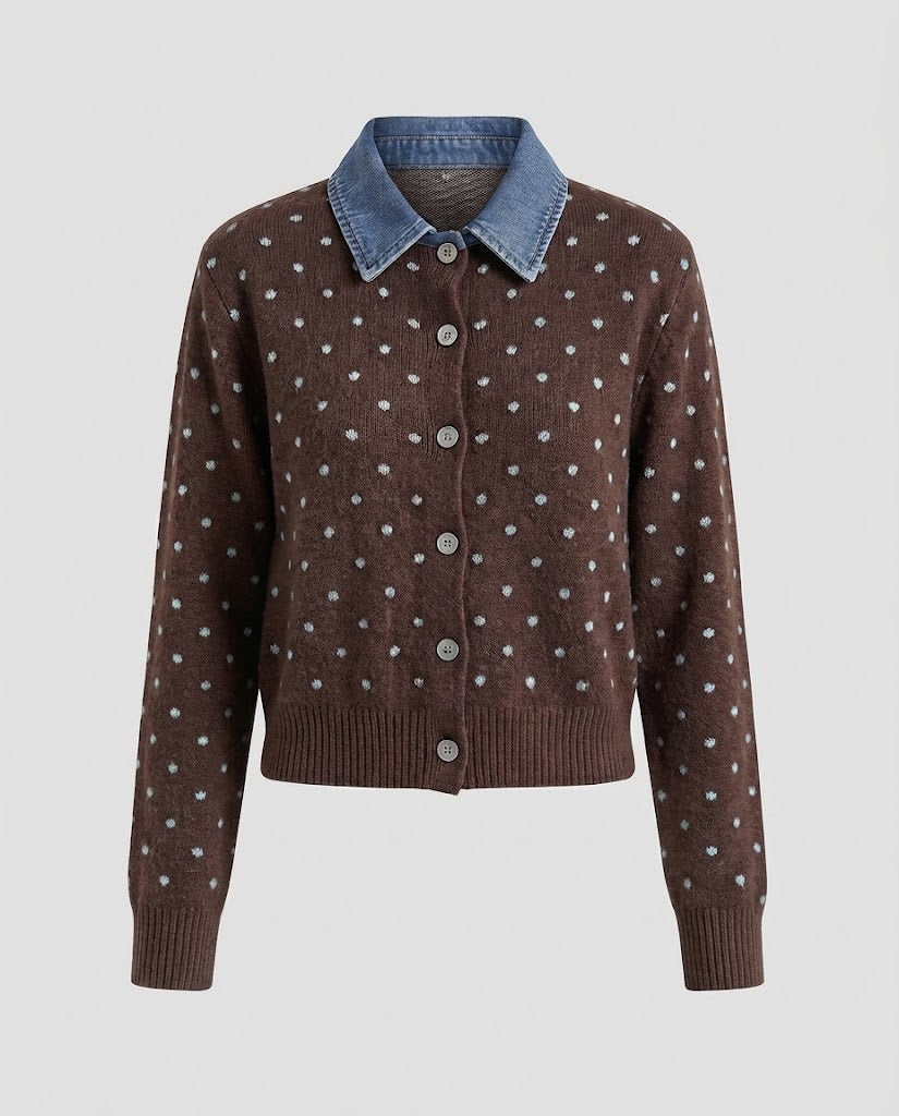 Women Polka Dot Cardigan with Denim Collar and Button Placket Fashion Glam
