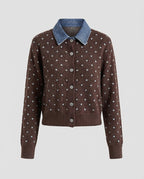 Women Polka Dot Cardigan with Denim Collar and Button Placket Fashion Glam